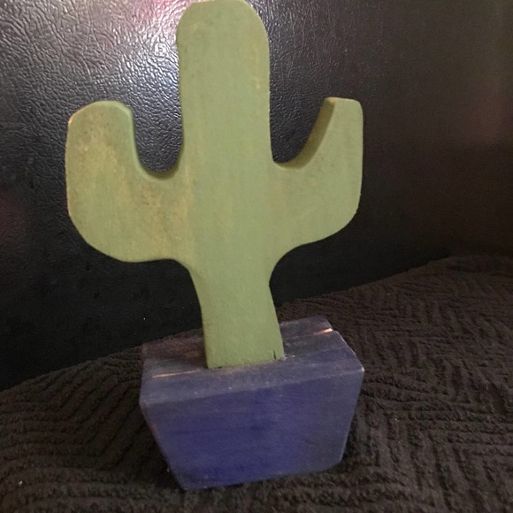 Wooden Cactus Handmade painted Green with Blue Base 8" - Picture 4 of 7